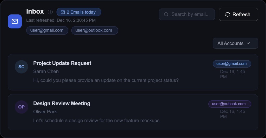 MindMesh Inbox: unified email list with account filters, search, refresh, and message previews